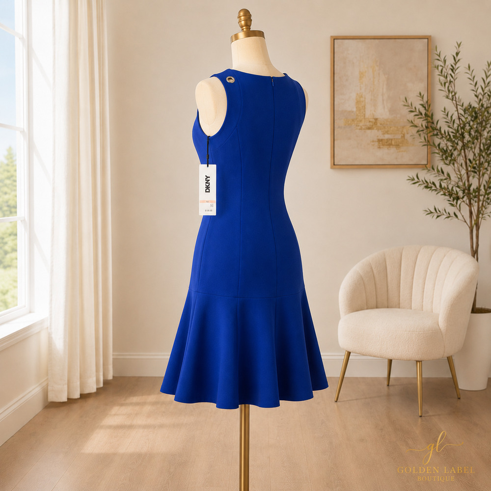 DKNY Fit & Flare Dress Womens 10 Royal Blue Grommet Shoulder Sleeveless NWT - Picture 2 of 7